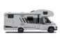 Motorhome Carado con mansarda, vista laterale in bianco con porta d’ingresso e finestre laterali