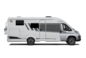 Camper Carado in vista laterale, veicolo semintegrato bianco con porta, finestre e tendalino, scontornato su sfondo bianco